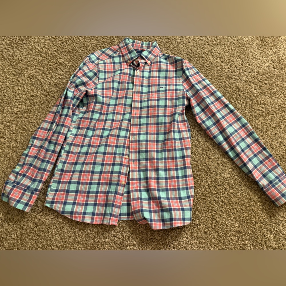 Vineyard Vines Classic Fit Plaid Shirt - Coral, Aqua and Navy